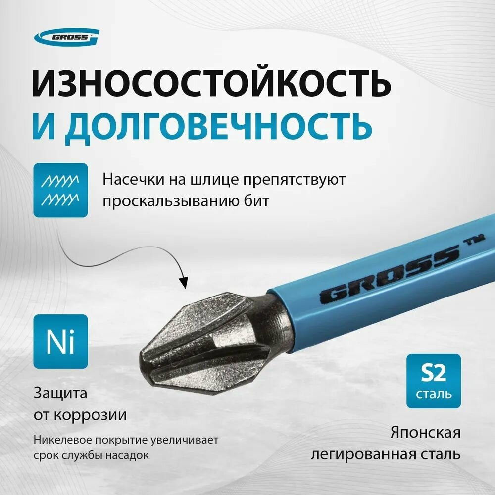 Набор бит торсионных PH2x50 мм, для ударных шуруповертов, 10 шт.// Gross. 11493 — фото 1