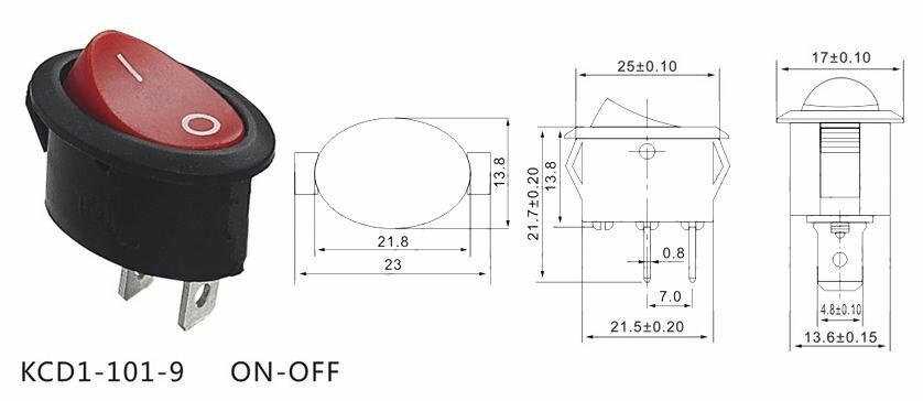 Выключатель (Переключатель рокерный) на панель с подсветкой 220В красный ON-OFF SPST 250В 6А (21,5x13,5мм) KCD1-9-101N-C3-R / B-220V