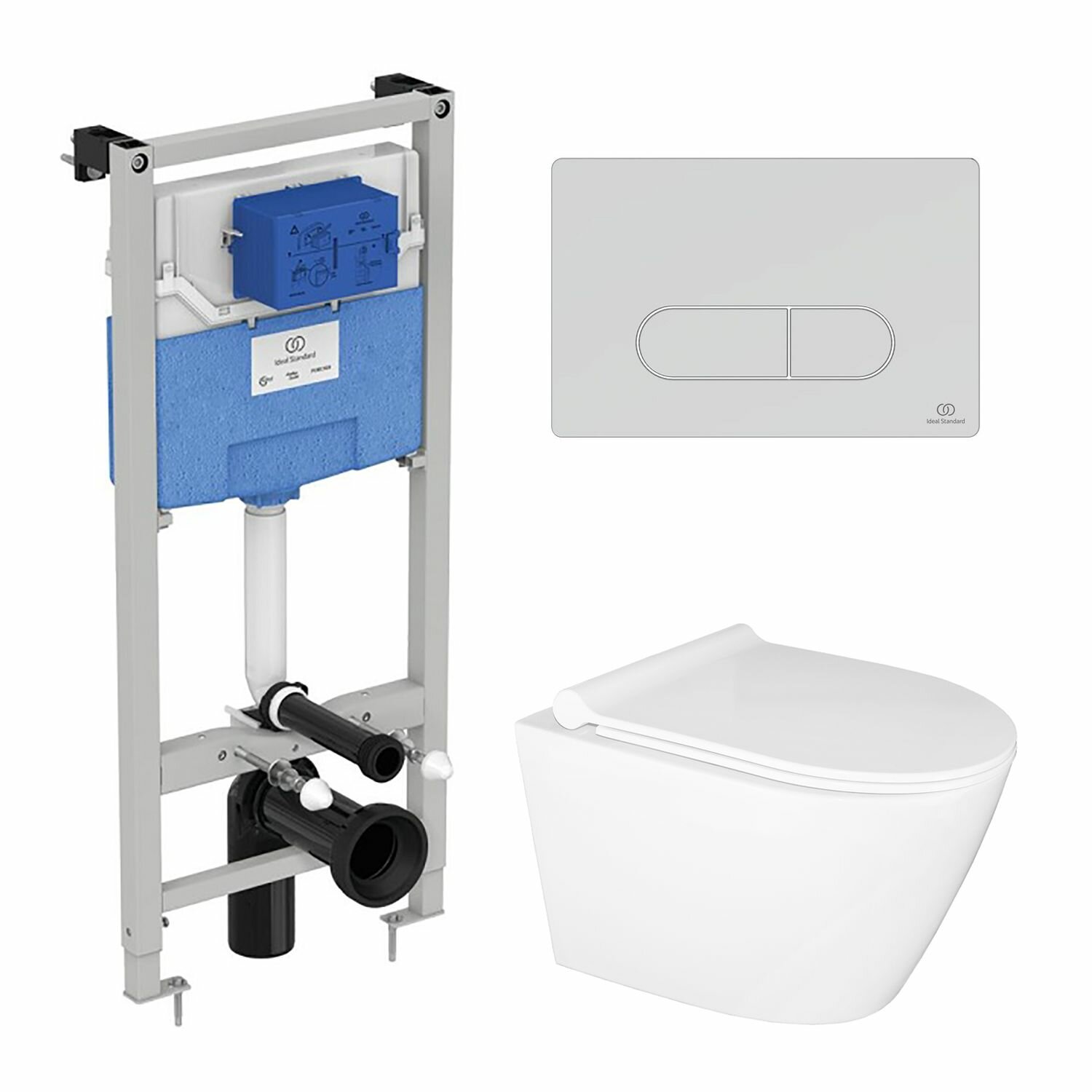 фото Набор 3 в 1 Встраиваемая инсталляция Ideal Standard + Подвесной безободковый унитаз Azario NOVA + Механическая панель смыва Ideal Standard, хром (R020467+AZ2217+R0115AA)