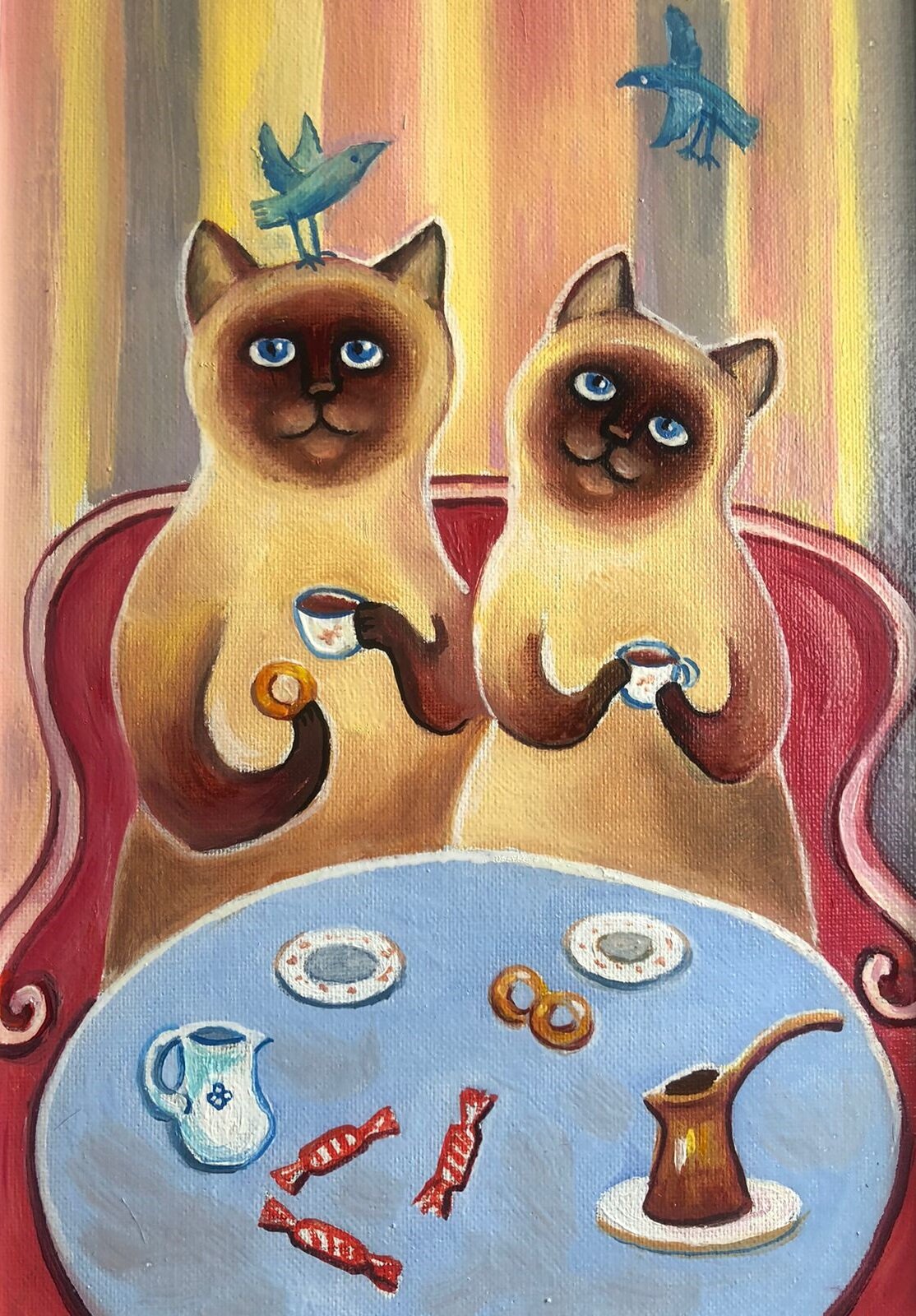 "Котики и чашка кофе" - открытка большого размера 15х21
