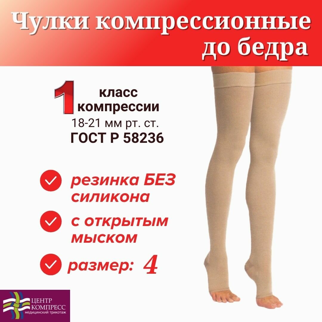 Чулки компрессионные до бедра с открытым мыском 1 класс компрессии, кремовый, размер 4 фото