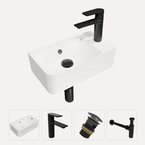 Изображение товара Раковина подвесная для ванной Teymi Hanna 45 правая в комплекте смеситель черный матовый донный клапан клик-клак с переливом черный и сифон черный F13123