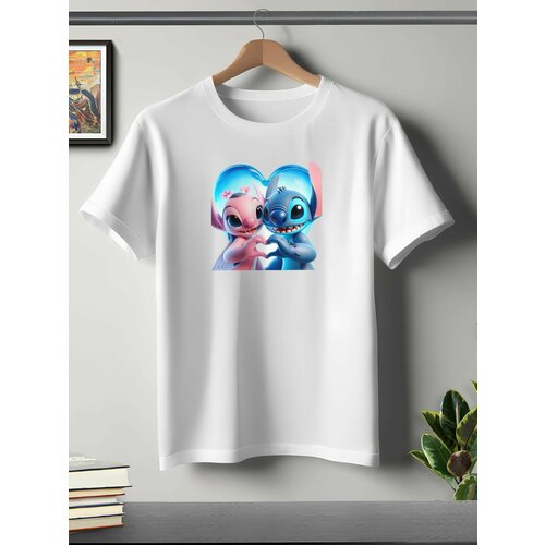 фото Футболка oneq унисекс 56-58 (3xl) размер с принтом стич, белая, размер 3xl, белый