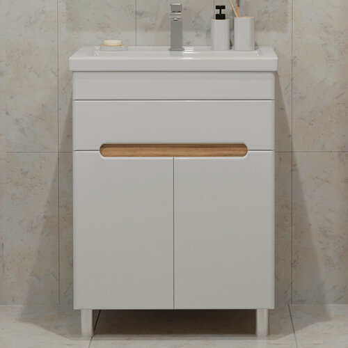 Изображение товара Тумба напольная SanStar Модена 60 с раковиной Фостер 60 (комплект) для ванной комнаты, белая, дуб вотан