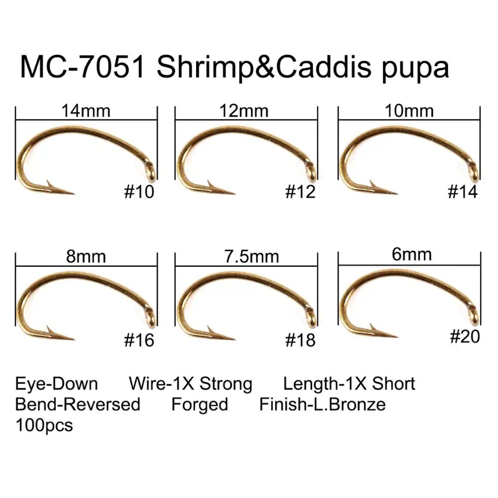 Крючки рыболовные, 100 шт, размер на выбор, 10, 7051 Shrimp Caddis