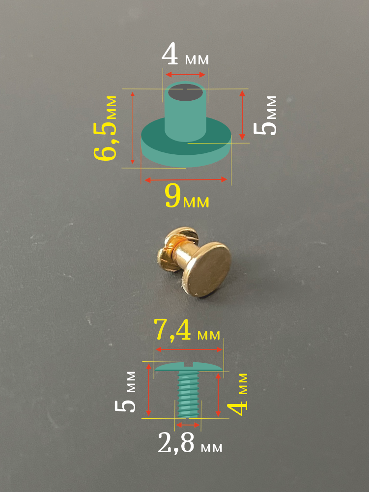 Винт ременной 9х6,5 мм, болт для ремня, винт Чикаго 6,5 мм, золотистый, 10шт. — фото 1