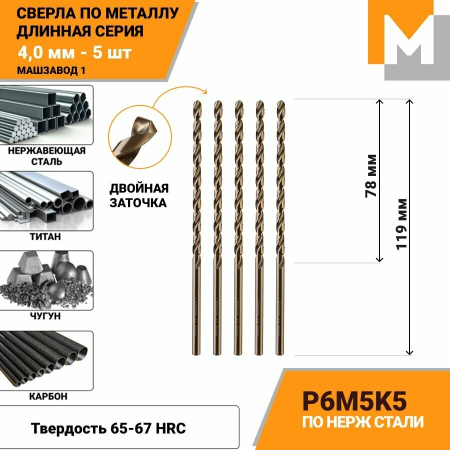 Сверло по металлу длинное 4 мм- 5 шт Р6М5К5 кобальтовое машзавод 1