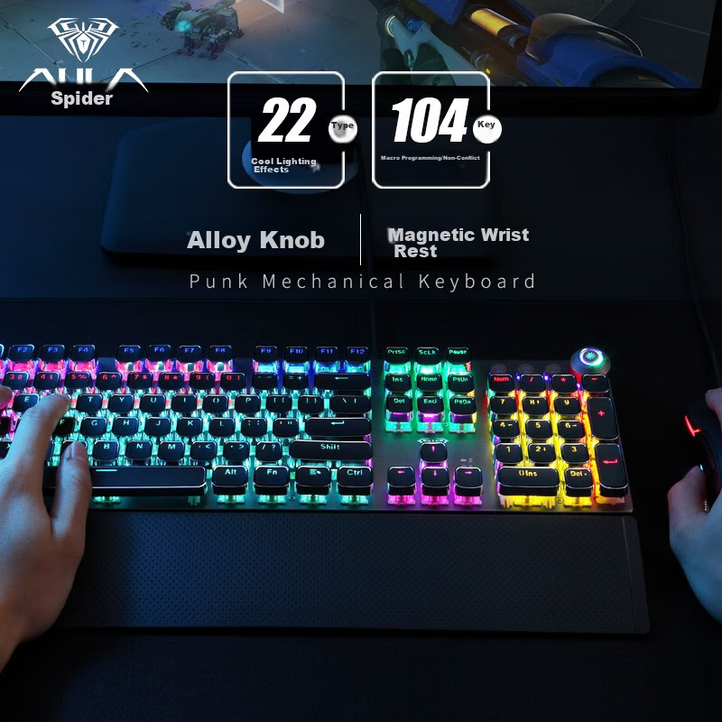 AULA F2088 Mechanical Keyboard, Wired Keyboard, Gaming Keyboard, 104 Keys Mixed Backlight, Cyberpunk, Macro Programming, Computer Keyboard, Black, Blue Switch — фото 1