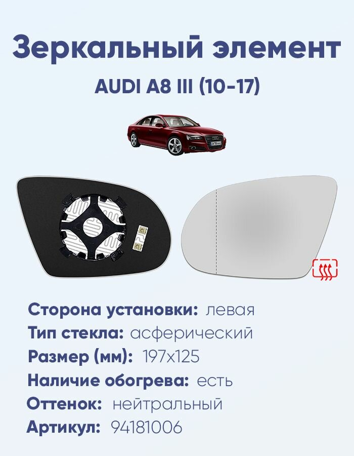 Зеркальный элемент левый AUDI A8 III (10-17) асферика нейтральный с обогревом