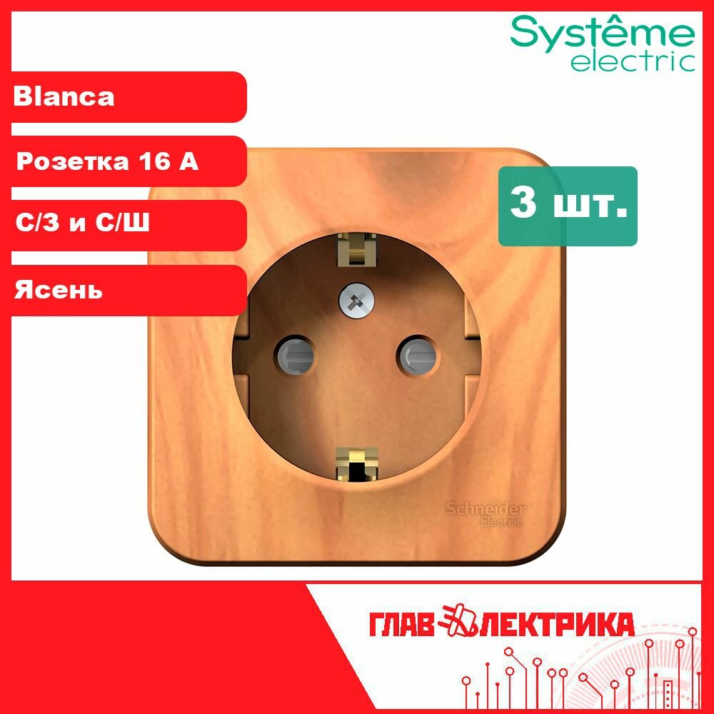 Розетка накладная с/з, со шторками, 16А, Blanca, Ясень, BLNRA011115 Бланка Systeme (Систем) Schneider Electric, 3шт