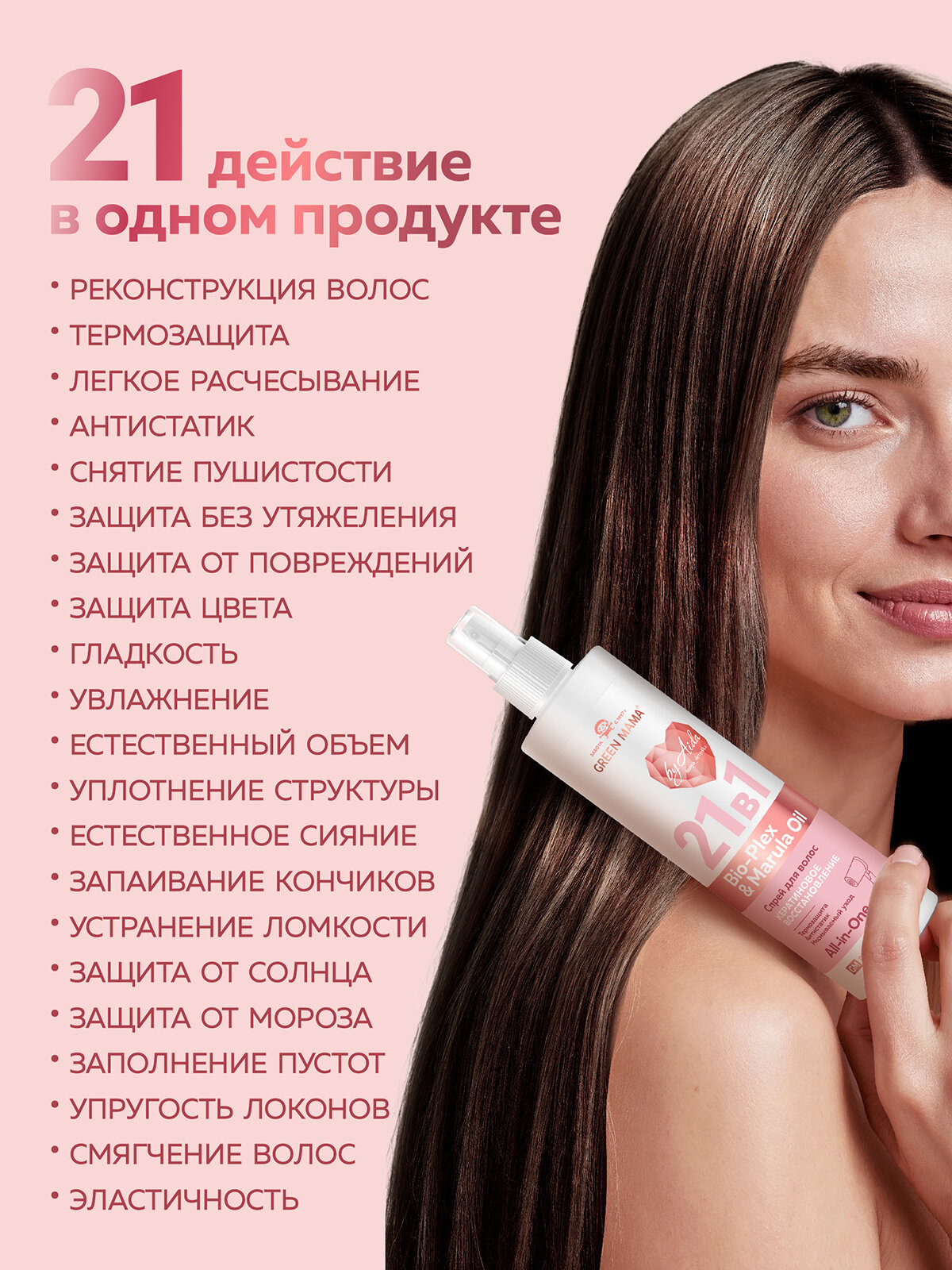 Картинки Спрей-реконструктор PROFESSIONAL FORMULA для восстановления волос GREEN MAMA 21 в 1 несмываемый by Aida 250 мл