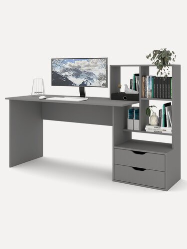 Изображение товара Есэндвич Лаворо 5 Письменный стол со стеллажом и ящиками 170х110х60 см правый (Вулканический серый)