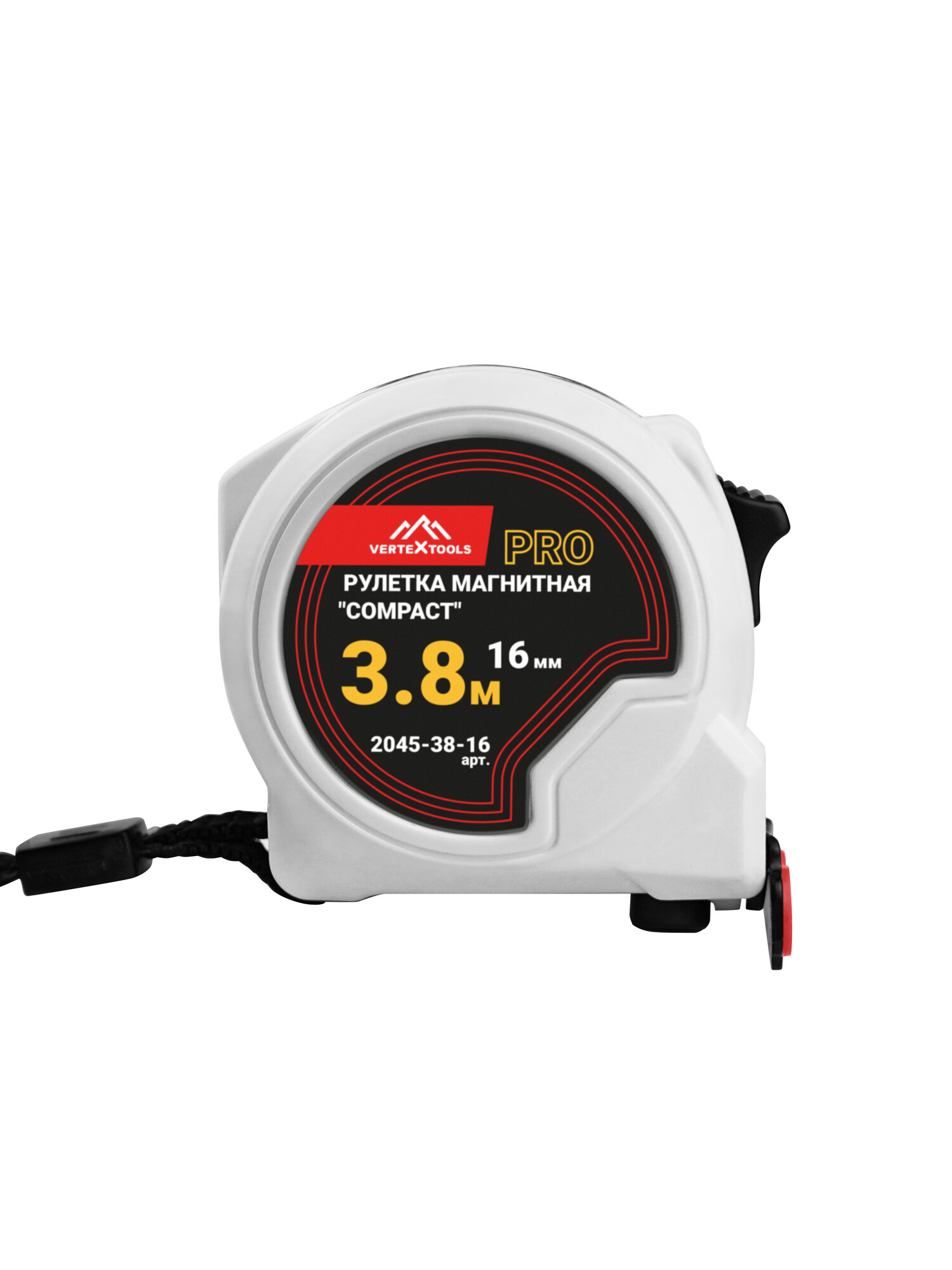 Рулетка измерительная VertexTools COMPACT 3.8 м x 16 мм, автостоп, магнит, нейлоновое покрытие, усиленный корпус
