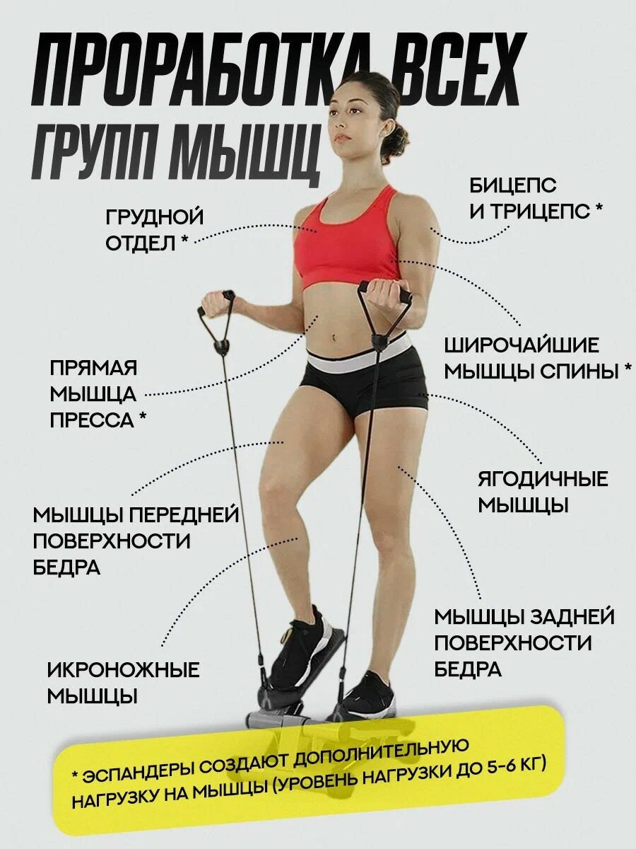 Мини степпер тренажер для дома с эспандерами, цвет черный, нагрузка до 120 кг — фото 1