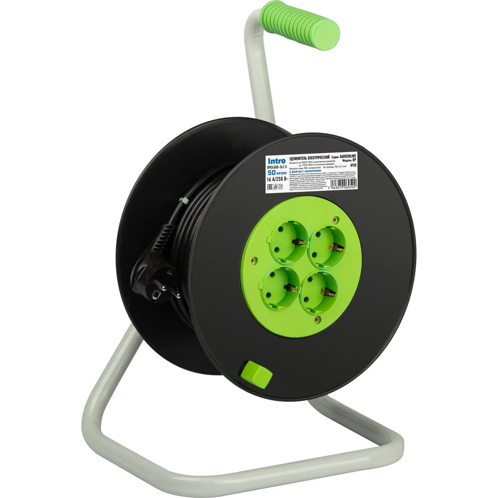 Intro Удлинитель силовой RPE45003x1,5 на пластиковой катушке c заземлением 4 розетки 50м ПВС 3x1,5мм Б0060393