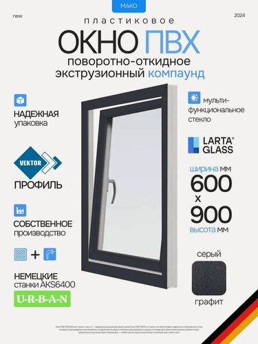 Изображение товара Окно пластиковое 90 х 60 см. поворотно-откидное левое ПВХ серое энергосберегающий однокамерный стеклопакет