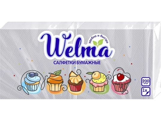 Салфетки бумажные WELMA однослойные белые, в пакете 200 штук. Эконом упаковка — фото 1