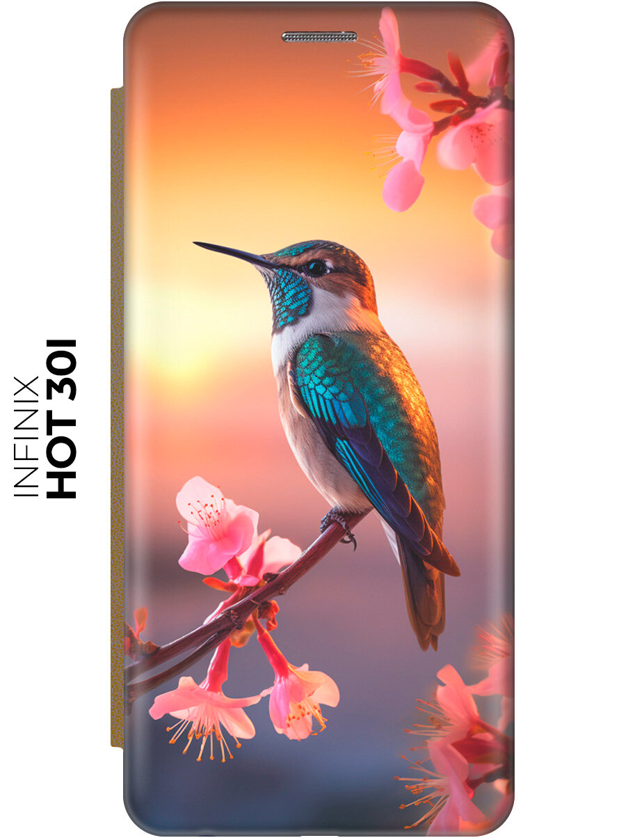 Чехол-книжка на Infinix Hot 30i / Инфиникс Хот 30и с рисунком "Птичка на закате" золотой