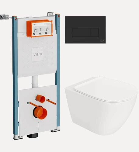 Изображение товара Инсталляция с унитазом комплект 3 в 1 Унитаз подвесной STWORKI Готланд S13401WH безободковый, с микролифтом, глянцевый белый, антивсплеск / Инсталляция VitrA V-Fix Core 732-5800-01PV / Кнопка черная
