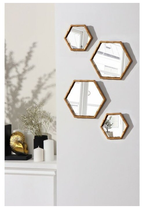Queen fair Набор настенных зеркал «Бамбук», зеркальная поверхность 22,7 × 20/15 × 13,2 см, цвет золотистый