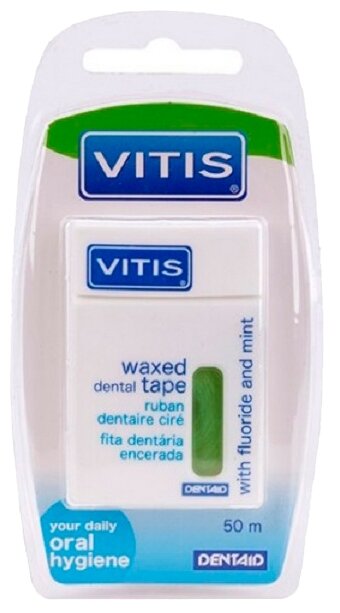DENTAID Нить межзубная в твердой упаковке Vitis Waxed Dental Tape with Fluoride and Mint 50 м