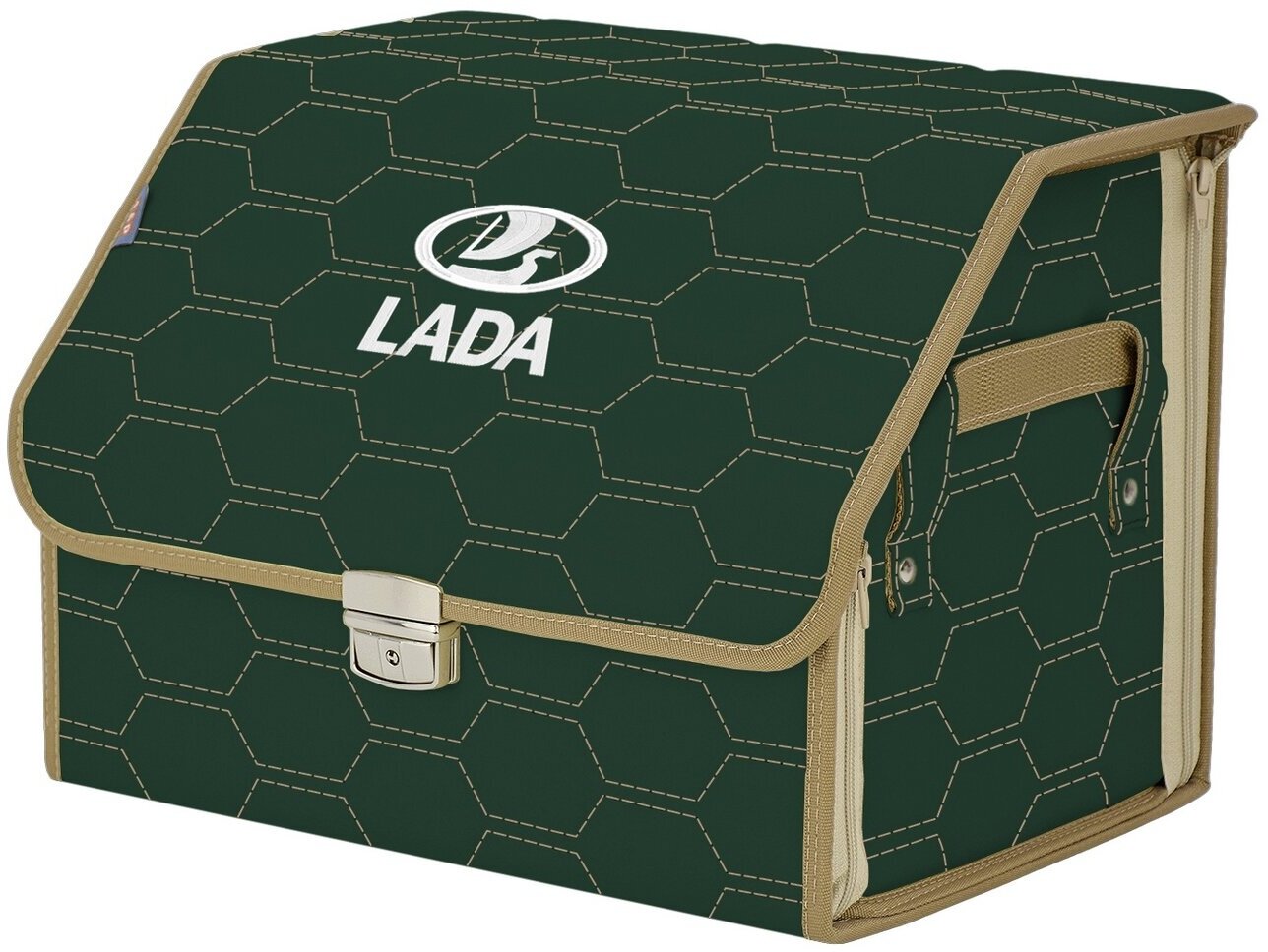 Органайзер-саквояж в багажник "Союз Премиум" (размер M). Цвет: зеленый с бежевой прострочкой Соты и вышивкой LADA (лада).