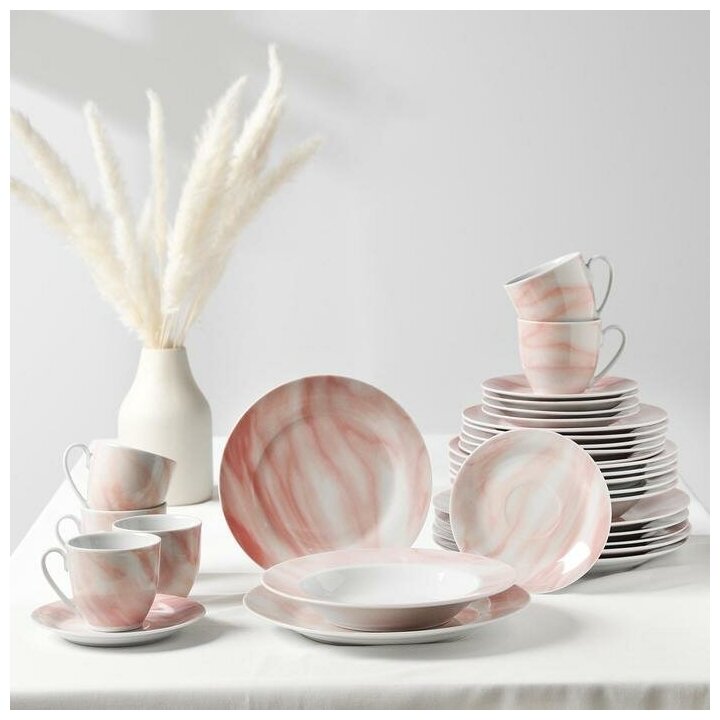 Набор керамической посуды Мрамор, 24 предмета: тарелки d-19/21/24 см, чайная пара 200 мл, цвет розовый
