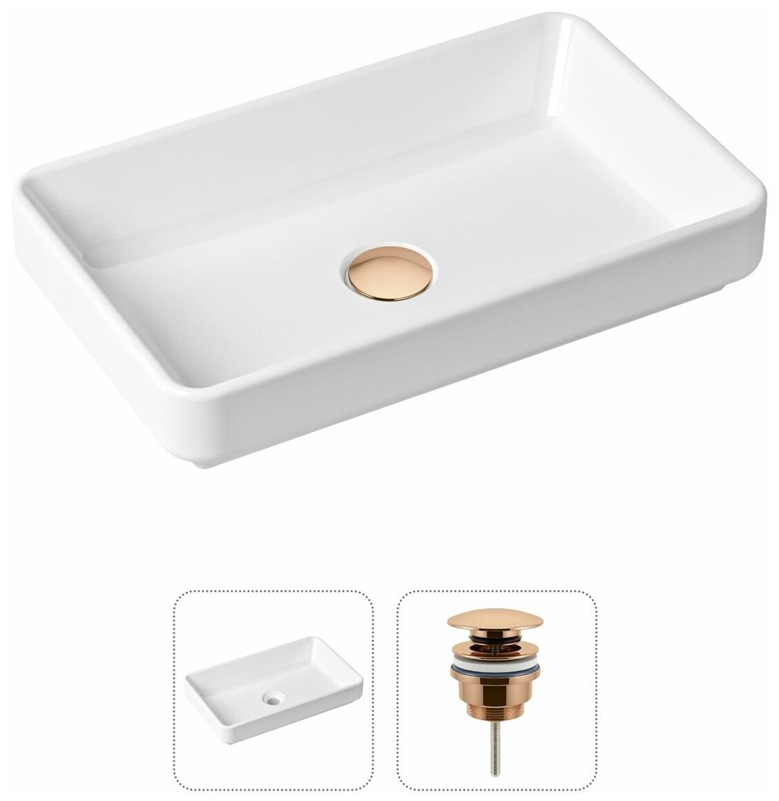 Накладная раковина в ванную Lavinia Boho Bathroom Sink Slim 21520815 в комплекте 2 в 1: умывальник белый, донный клапан в цвете розовое золото