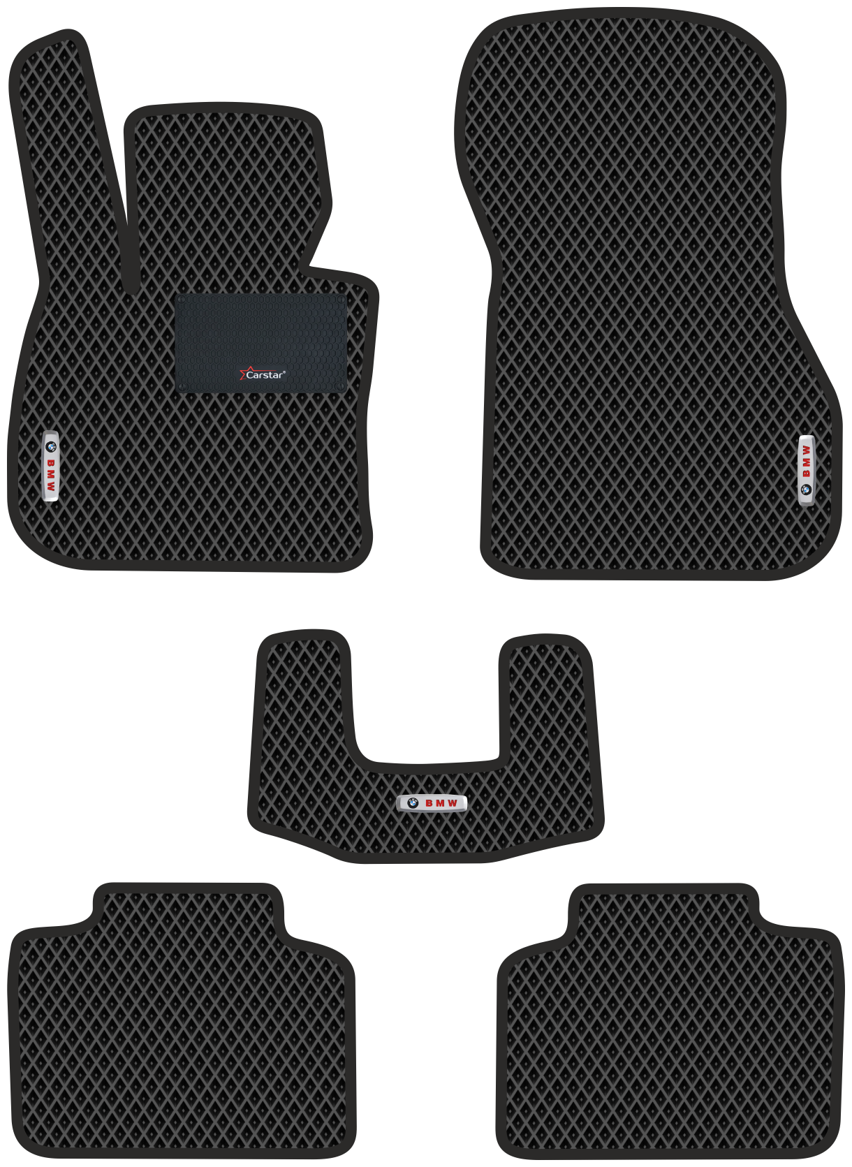 Автомобильные коврики EVA для BMW 2 F45 Active Tourer (2014-н/в) с каучуковым подпятником и 3 эмблемами BMW чёрные с чёрным кантом ячейка - ромб