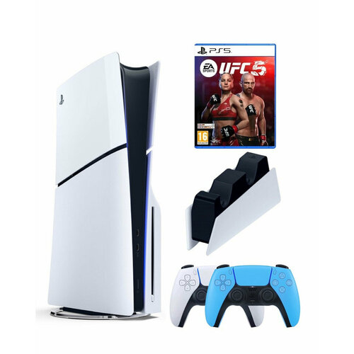 Приставка Sony Playstation 5 slim 1 Tb+2-ой геймпад(голубой)+зарядное+UFC5 игровая приставка sony playstation 5 slim с дисководом