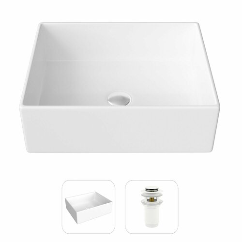 Накладная раковина в ванную Helmken 51848000 комплект 2 в 1: умывальник прямоугольный 48 см, донный клапан click-clack в цвете белый