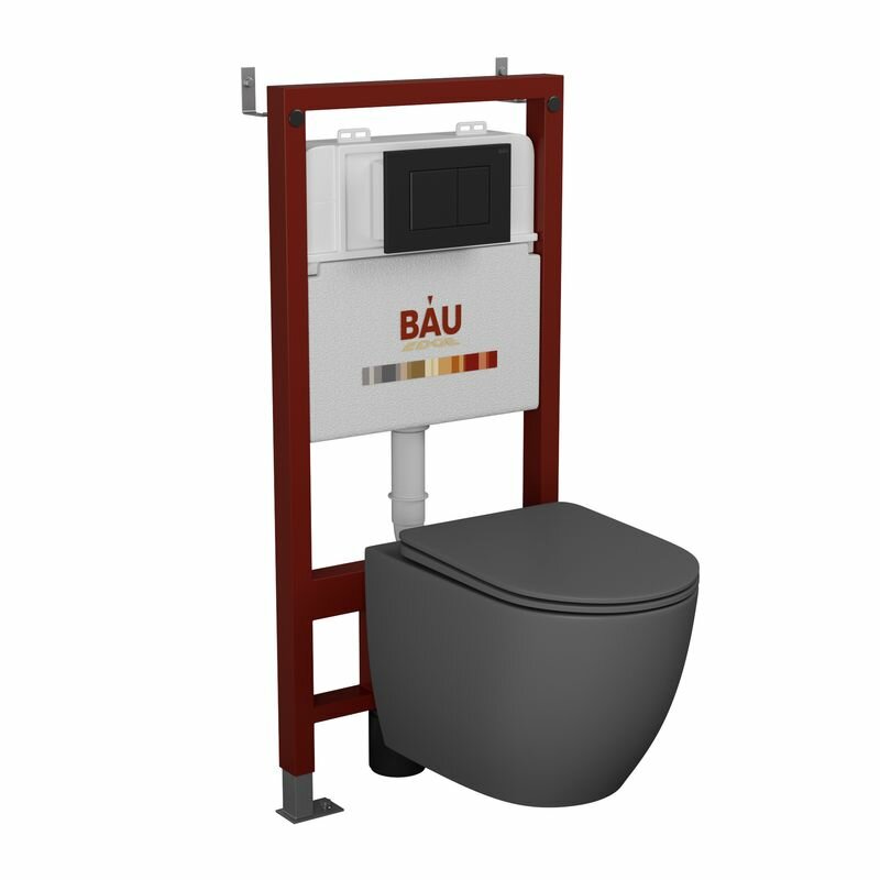 Комплект BAU 6 в 1: инсталляция BAU PRO, унитаз подвесной безободковый Bau Dream 49,5х36, сиденье дюропласт микролифт, темно-серый матовый, клавиша BAU Stil, черная матовая