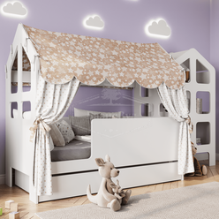 Кровать детская домик с текстилем и ящиком (Вход слева, бежевый, со звездами) "Сладкий сон"