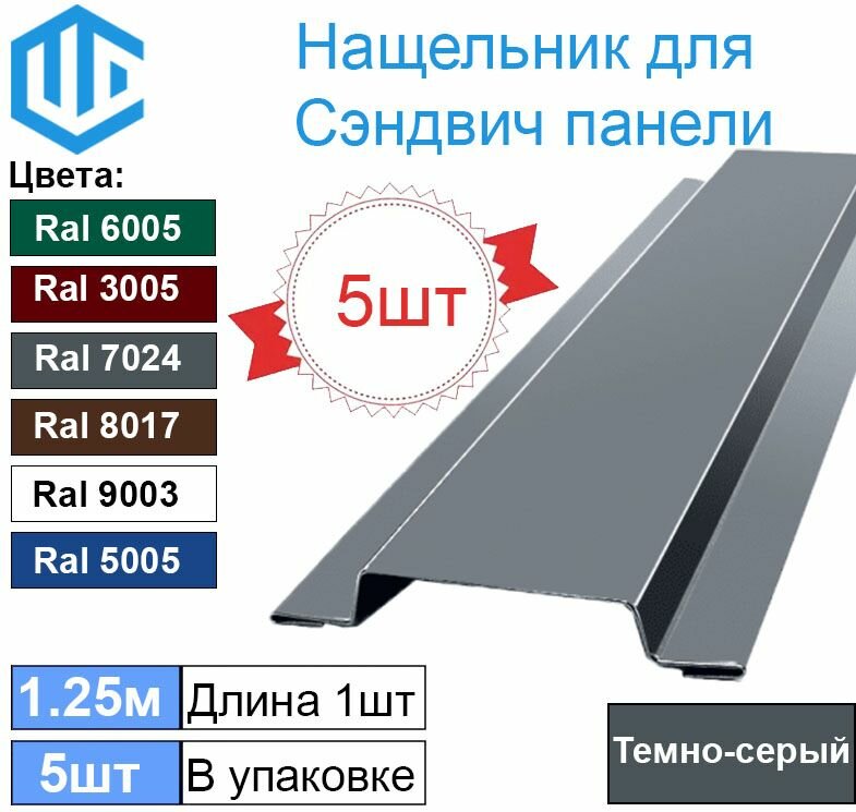 Нащельник металлический для сэндвич панелей (5шт) Ral 7024 Темно-серый