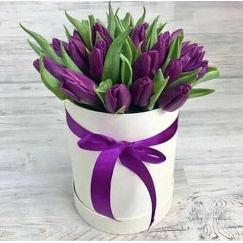 Тюльпаны фиолетовые 25шт / Букет в коробке / Цветы