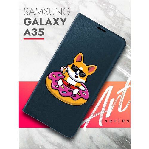 Чехол на Samsung Galaxy A35 (Самсунг Галакси А35) синий книжка эко-кожа подставка отделение для карт магнит Book case, Brozo (принт) Корги в Пончике чехол на samsung galaxy a35 самсунг галакси а35 синий книжка эко кожа подставка отделение для карт магнит book case brozo принт череп змея