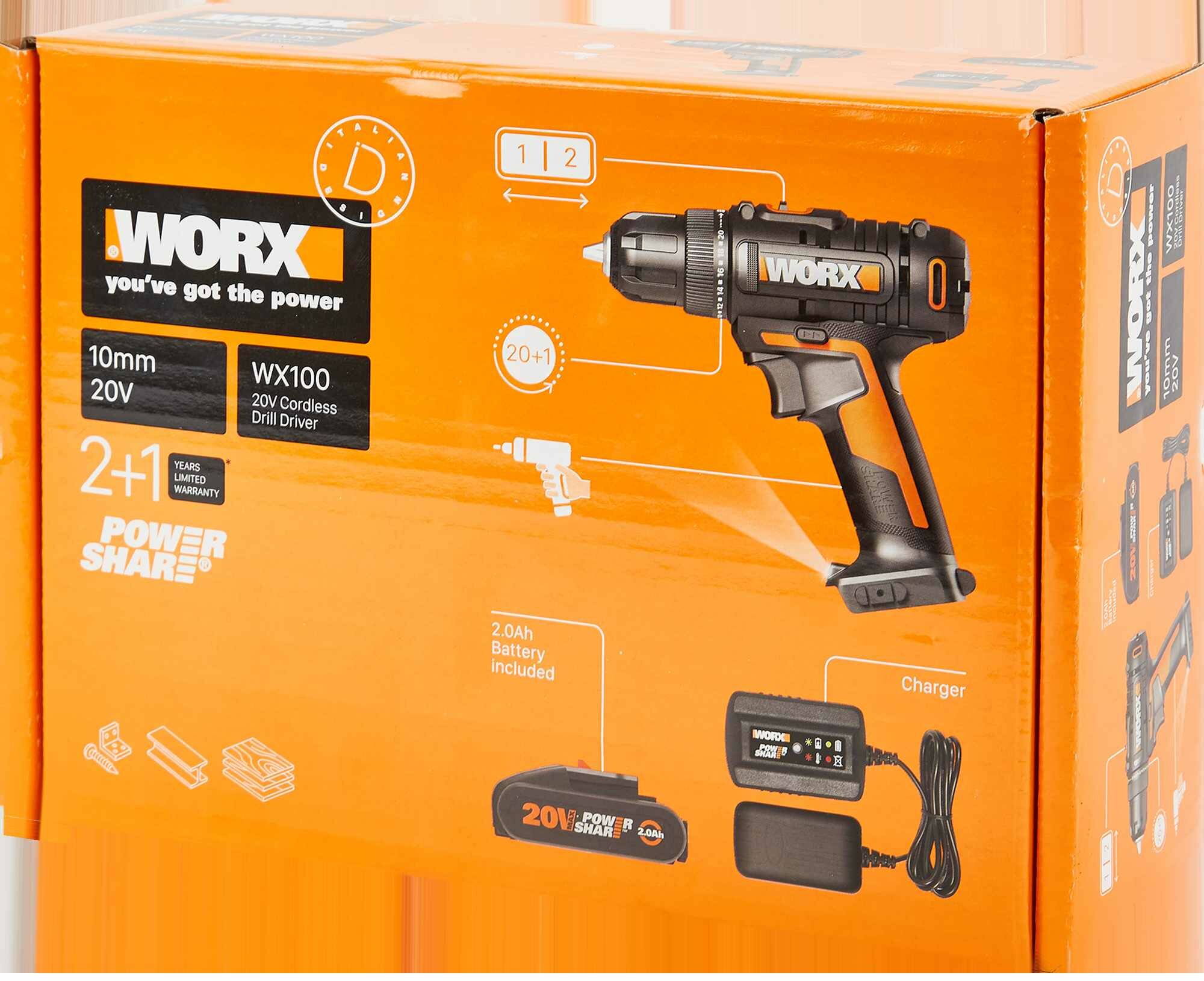 Дрель-шуруповерт аккумуляторная Worx WX100, 20 В Li-ion 1x2 Ач