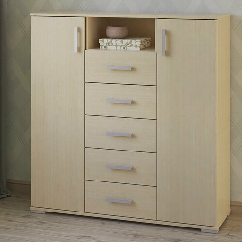 Высокий двухдверный комод с 5 ящиками и открытой нишей 115х374 см МагМебель Вента-56 дуб молочный 21040₽