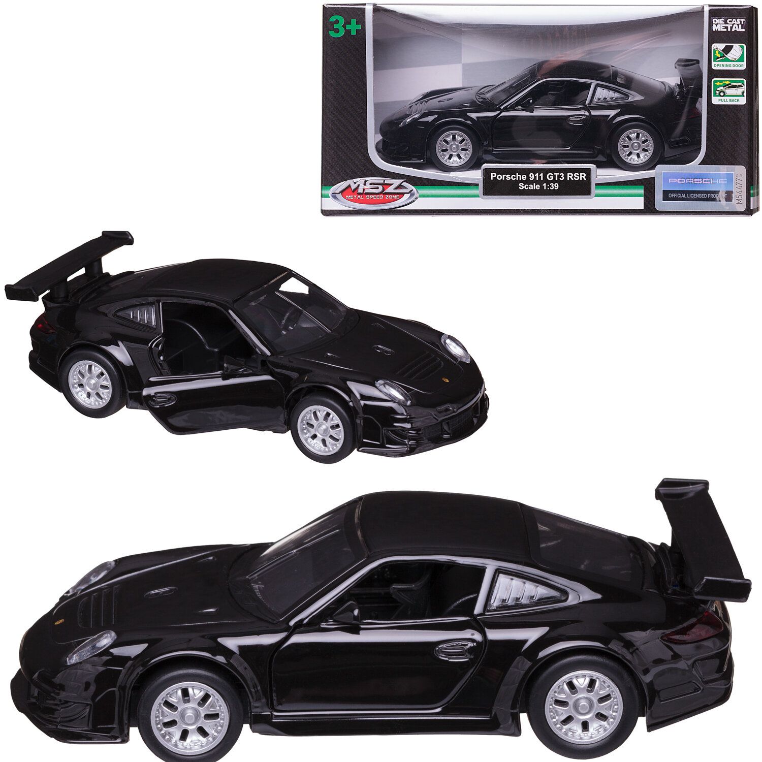 Машинка металлическая серия 1:43 Porsche 911 GT3 RSR, цвет чёрный, инерционный механизи, двери открываются. - MSZ [WE-15945B]
