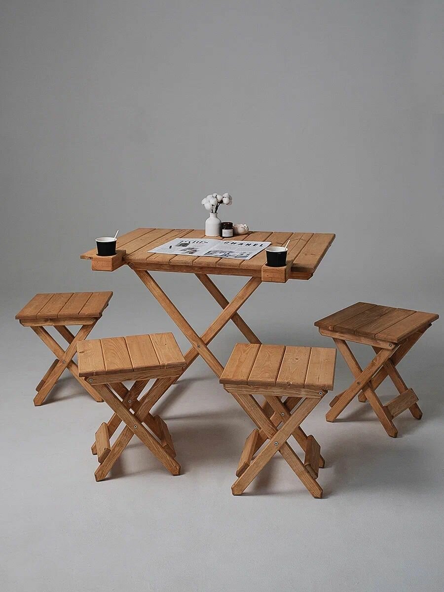 SOGO Комплект стол деревянный и 4 табуретки для бани и дачи