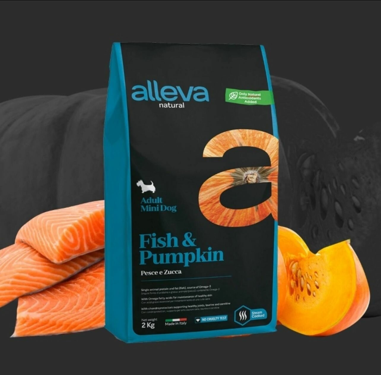 ALLEVA Natural низкозерновой корм сухой для взрослых собак мелких пород, с рыбой и тыквой, 2 кг