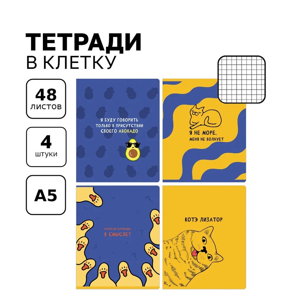 Тетрадь для школы общая в клетку 48 листов, формат А5, Комплект/набор 4 штуки BG "Приколись!" стильные, яркие/для школьников, студентов, офиса