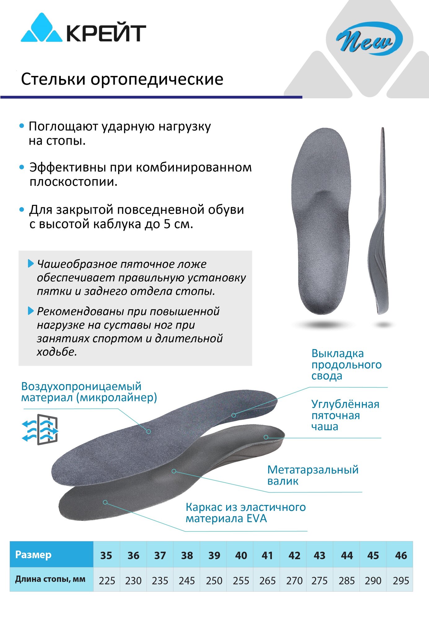 Стельки ортопедические каркасные при плоскостопии, Крейт, размер 39