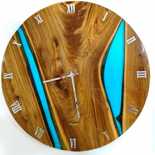 Часы настенные ручной работы из дерева и эпоксидной смолы большого размера 
