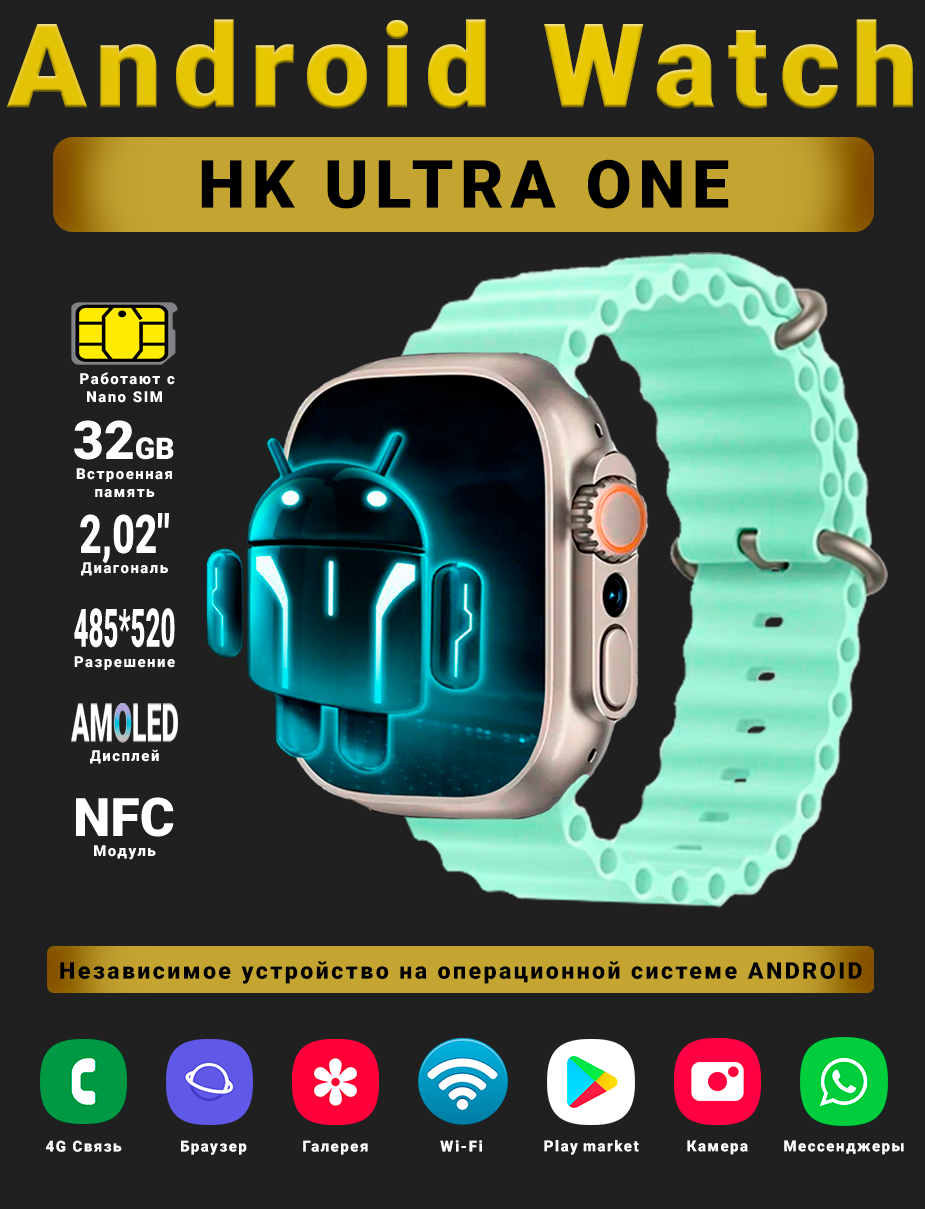 Смарт часы Android Watch HK Ultra One, Умные часы PREMIUM Series, наручные мужские и женские, AMOLED дисплей 485*520, Wi-fi, Bluetooth, Sim-карта, 4G, Звонки, 2 ремешка, Берюзовый