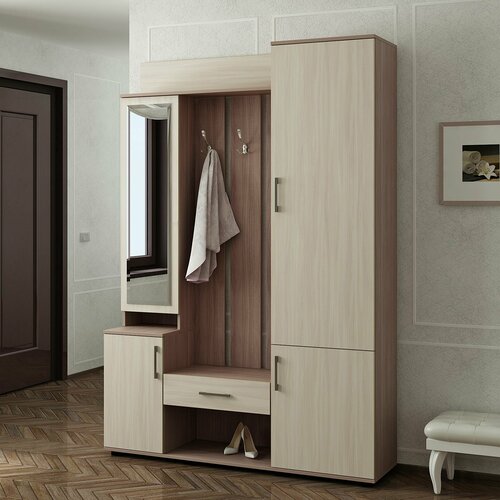 Прихожая комплект Визит от Линаура, с зеркалом, обувницей, шкафом, ящиком и вешалкой, 142x203x36 см. Шимо темный/Шимо светлый