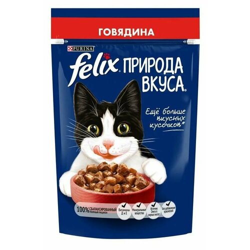 Влажный корм для взрослых кошек Felix Природа вкуса, с говядиной, 75гр felix природа вкуса пауч консервы для взрослых кошек с говядиной 26х75г