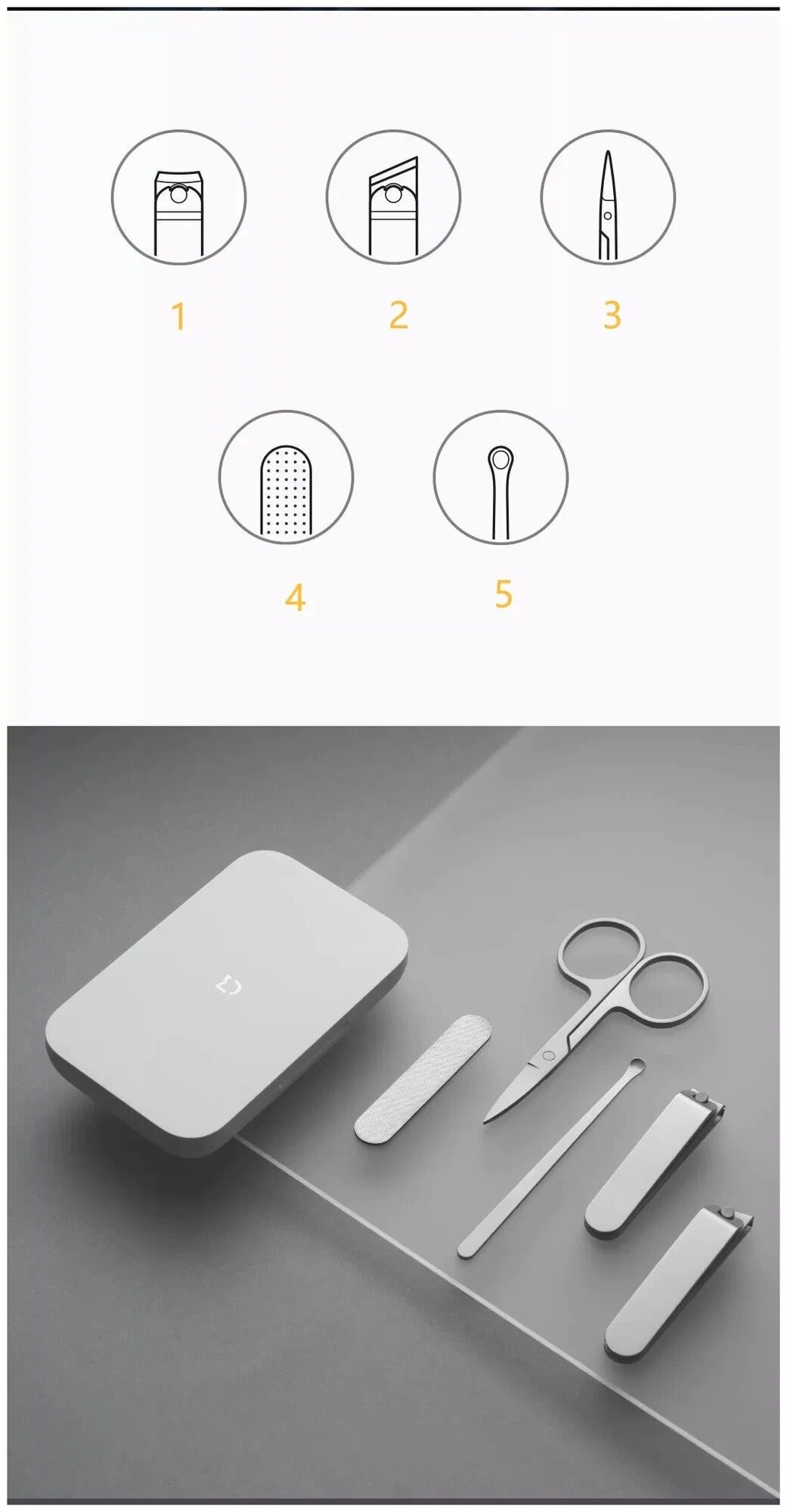 Изображение Дорожный маникюрный набор Xiaomi Nail Clipper Five Piece Set, белый/серебристый, 5 предметов