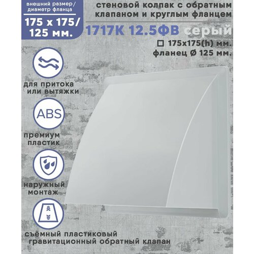 Колпак стенной 175х175 со съёмным обратным клапаном с фланцем D125 ABS пластик серый 652₽