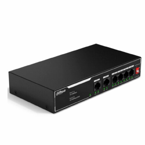 DAHUA Коммутаторы DH-SF1006LP 6-портовый неуправляемый коммутатор с РоЕ, 4xRJ45 100Mb PoE, 2xRJ45 100Mb uplink, суммарно 36Вт, коммутация 1.2 Гбит